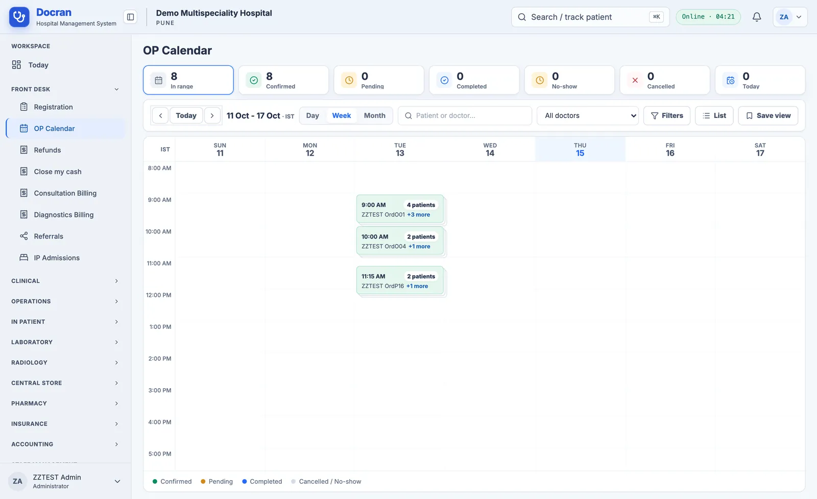 Docran OP calendar with week view of appointments